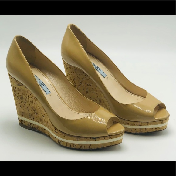 Prada Shoes - EUC Prada Nude Wedge Platform Peeptoe Heels 38/8